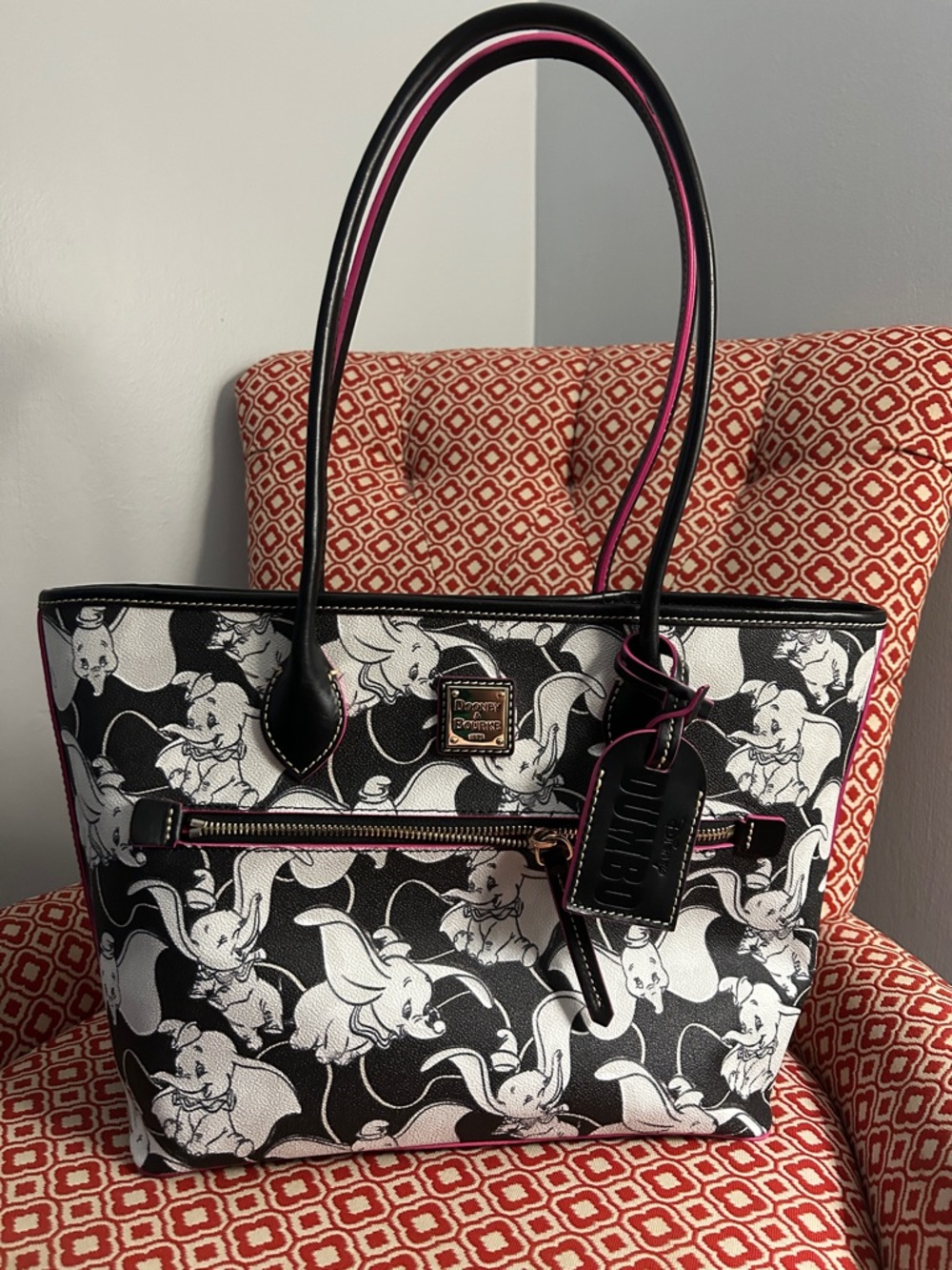 Dooney & Bourke Black & White Dumbo Print Tote with Pink Trim